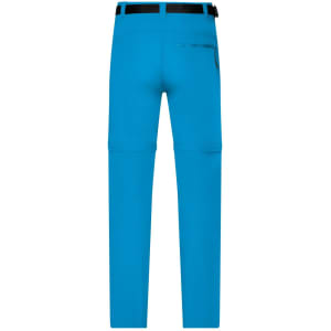 Bright blue men's zip-off trekking pants with a back pocket and a black waistband. Features a logo.