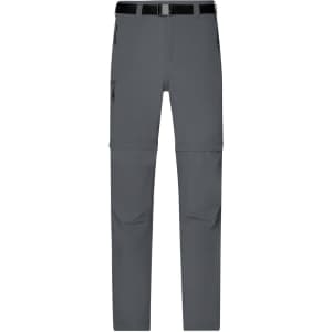 Men's zip-off trekking pants in grey, featuring multiple pockets and a belt. Includes a logo on the fabric.