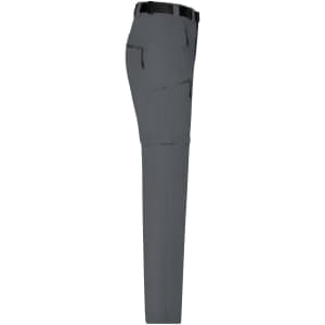 Men's zip-off trekking pants in grey, featuring a belt, pockets, and a streamlined design. Includes branding.