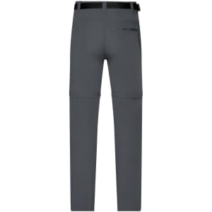 Men's zip-off trekking pants in grey, featuring a sleek design and a logo on the waistband. Rear view displayed.