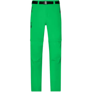 Bright green zip-off trekking pants with multiple pockets and a belt. Features a logo on the waist.