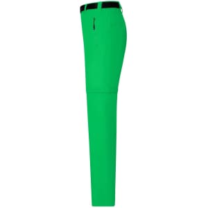 Green zip-off trekking pants featuring a side pocket and a black waistband, designed for outdoor activities.