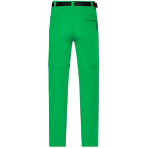 Green men's zip-off trekking pants featuring a back pocket and a waistband with a belt loop.