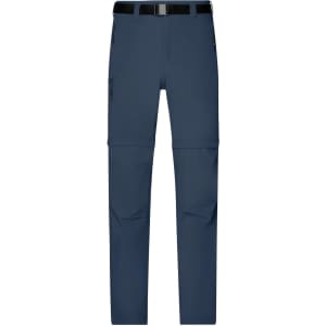 Men's zip-off trekking pants in navy, featuring a belt and multiple pockets. The design allows for easy conversion to shorts.