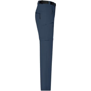 Men's zip-off trekking pants in navy blue with a side view showing pockets and belt loops. Includes branding details.