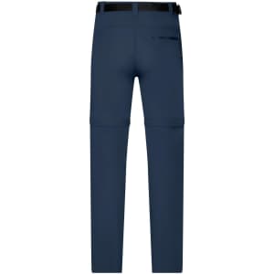 Navy men's zip-off trekking pants, featuring a sleek design with a rear pocket and a logo on the waistband.