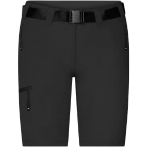 A pair of black ladies trekking shorts with a belt and zippered pockets, featuring a logo.