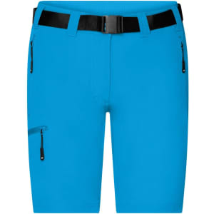 Bright blue ladies trekking shorts featuring a belt, with side zippers and a sleek design.