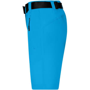 Bright blue ladies trekking shorts featuring a black belt and a side zip pocket.