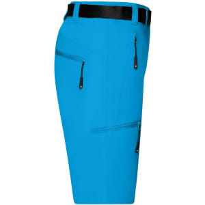A pair of blue women's trekking shorts with multiple zipped pockets and a black belt. Features a logo on the waistband.