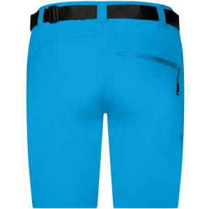 Bright blue ladies trekking shorts with a back pocket and a black belt. Features a logo on the design.