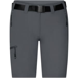 Dark grey ladies trekking shorts featuring a belt and zippered pockets, with a branding logo present.