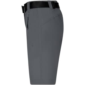 A pair of ladies' trekking shorts in grey, featuring a belt and zippered pocket, with a logo on the waistband.