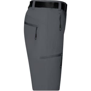 A pair of grey ladies trekking shorts with multiple zipped pockets and a waistband. Features a logo.