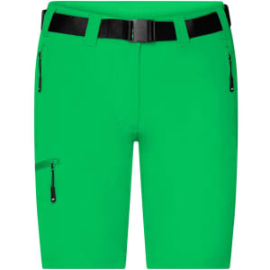 Bright green ladies trekking shorts with a black belt and zippered pockets. Features branding on the waistband.
