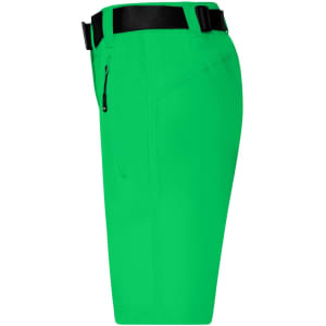 A pair of bright green ladies trekking shorts with a black belt and side zip pocket.