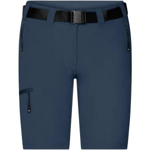 Navy blue ladies' trekking shorts featuring a belt and multiple zippered pockets. Includes branding on the waistband.