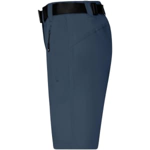 A pair of navy ladies trekking shorts featuring a side pocket and a black belt.