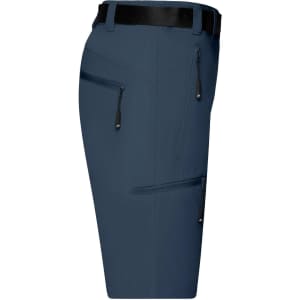 Navy blue ladies trekking shorts with multiple zip pockets and a belt. Features a logo on the waistband.