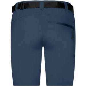 Navy blue ladies trekking shorts featuring a belt and a zippered back pocket. Includes a logo design.