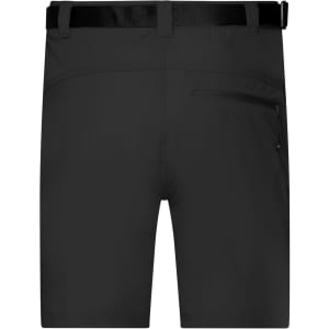 Black men's trekking shorts featuring a belt and zippered pocket on the back.