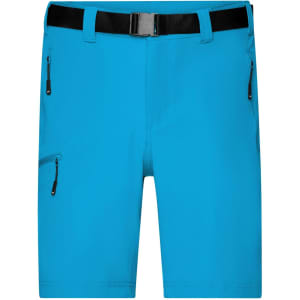 A pair of blue mens trekking shorts with side zippers and a black belt. The shorts have a smooth, durable fabric.