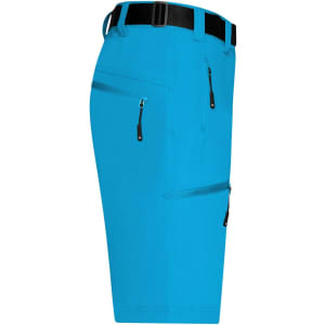 Bright blue men's trekking shorts featuring multiple zip pockets and a black belt. Includes branding on the waistband.