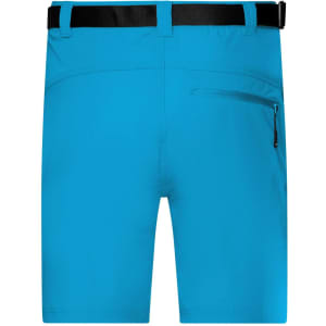 Bright blue men's trekking shorts featuring a zippered pocket and a black belt. The back view highlights the shorts' design.