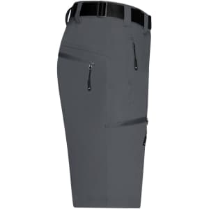 Men’s trekking shorts in grey with multiple zip pockets and a black belt. Features a sleek design for outdoor use.
