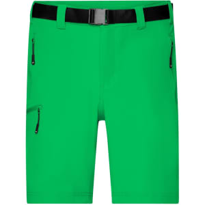 Bright green men's trekking shorts with a black belt and zippered pockets. Features a logo on the waistband.