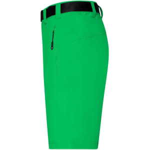 Bright green men's trekking shorts featuring a zippered pocket and a black belt. The shorts are designed for comfort and durability.
