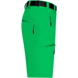 Bright green men's trekking shorts with multiple zippered pockets and a black belt. The shorts have a sleek, modern design.