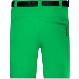 Bright green men's trekking shorts with a black belt and a zippered pocket on the back. Features a logo.
