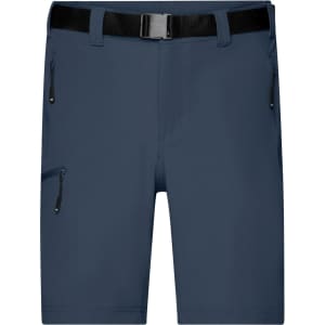 Navy men's trekking shorts with a black belt and zippered pockets. Features a logo on the waistband.