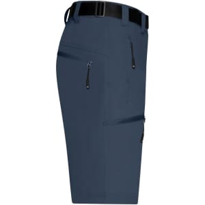 Navy men's trekking shorts featuring multiple zippered pockets and a black belt. The fabric appears lightweight and durable.