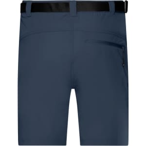Navy men's trekking shorts with a belt and zippered pocket, featuring a smooth, durable fabric design.