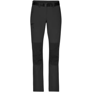 Ladies trekking pants in black, featuring a belt, cargo pockets, and reinforced knee sections. Includes a logo.