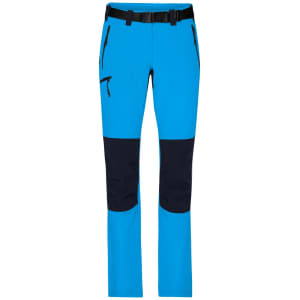 Ladies trekking pants in bright blue with black accents and multiple pockets. Features a belt for adjustable fit.