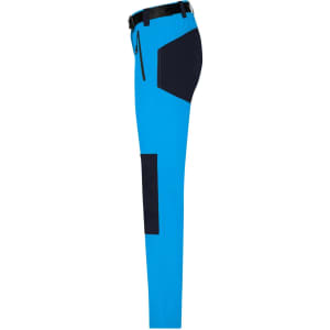 Ladies trekking pants in bright blue with black accents, featuring cargo-style pockets and a belt.