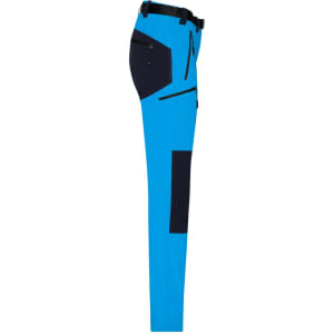 Ladies trekking pants in vibrant blue, featuring navy accents and pockets. Includes a belt loop detail.