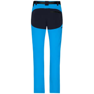 Bright blue trekking pants with black accents and a logo, featuring a sleek design with pockets.