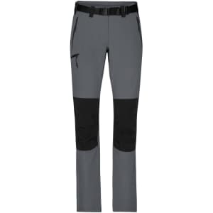 Trekking pants in grey with black accents, featuring multiple zip pockets and a belt. Ideal for outdoor activities.