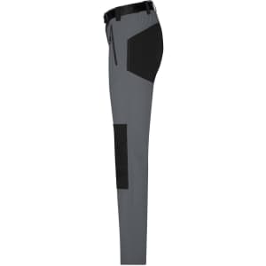 Ladies trekking pants in grey with black accents, featuring a side pocket and a sleek design. Includes a logo.