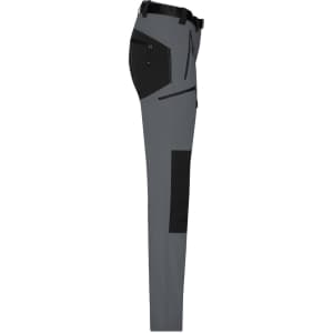 A pair of women's trekking pants in grey with black detailing, featuring multiple pockets and a belt.