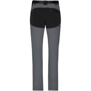 A pair of grey and black ladies trekking pants featuring a belt and pockets, with a simple logo.