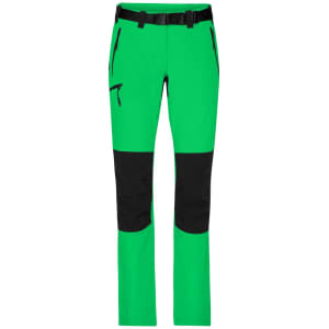 Bright green trekking pants with black accents, featuring pockets and a belt. Suitable for outdoor activities.