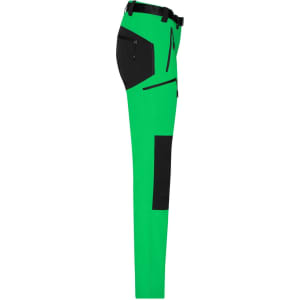 Ladies trekking pants in bright green with black accents, featuring multiple pockets and a fitted design.