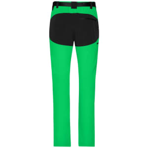 Bright green ladies trekking pants with black detailing and a belt, featuring a logo on the back pocket.