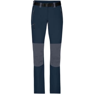 Ladies trekking pants in navy and grey, featuring multiple pockets and a belt. Includes a logo.