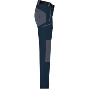 Navy trekking pants with grey accents, featuring multiple pockets and a logo. Suitable for outdoor activities.